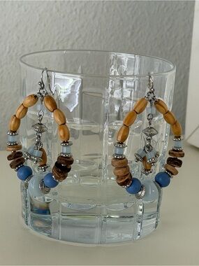 Handcrafted Blue and Wood Beaded Hoop Earrings